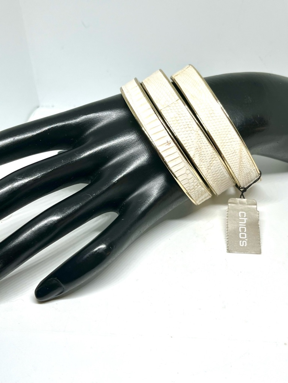 Chico's Cream Leather and Gold-Trim Triple Bangle Set